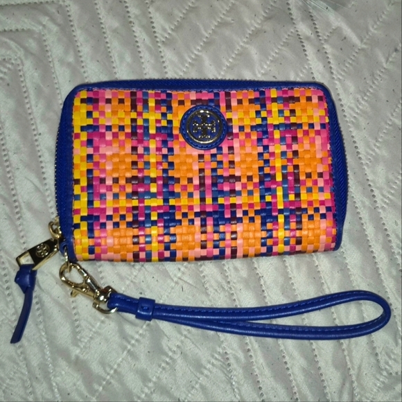 TORY BURCH JANE WOVEN LEATHER RAINBOW MULTI  WRISTLET WALLET - Picture 1 of 5